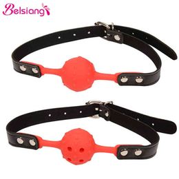 Nxy juguetes para adultos Belsiang 43mm silicona suave transpirable boca abierta mordaza bola ajustable Bdsm Bondage ataduras sexo para parejas 1207