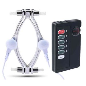 NXY Juguetes para adultos Femenino Labia Abrazadera eléctrica Choque Pussy Abrazaderas de metal vaginal Hollow Peek juego SM Bondage Clítoris Tortura Sexo para mujer 1207