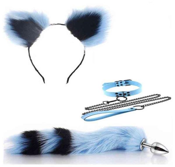 Nxy Anal Toys 3 uds. Conjunto de Collar de cadena con orejas de gato azul y negro, tapón de cola de zorro de acero inoxidable para mujer 0106 01068864870