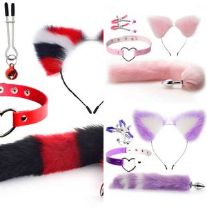 NXY Anal Toys Adult Game Cute Fox Tail Plug Cat Ears Hoofdbanden Set Nipple Clip Neck Collar Erotische Cosplay Seksproducten voor vrouwen 220510