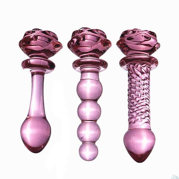 NXY Juguetes anales Crystal Rose Penis Glass Hombres Mujeres Punto G Plug Beads Masturbación Expansor erótico Adultos Productos de juguetes sexuales Próstata 1125