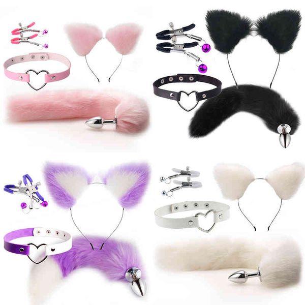Nxy Anal Toys Lindo Fox Tail Plug Cat Ears Diademas Set Juegos para adultos Pezón Clip Cuello Collar Erótico Cosplay Sexo para mujeres Pareja Bdsm 220420