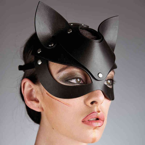 NXY Bondage Mask Half Eyes Cosplay Cuero Bdsm Mask Sex Bondage Face Juegos para adultos Mujeres Hombres Diversión Máscara de gato Disfraces Negro Halloween 220507