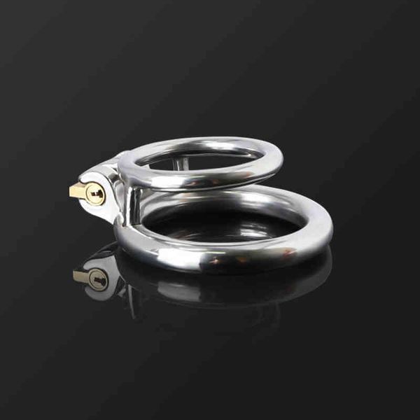 NXY Cockrings Anillo de entrenamiento de castidad de acero inoxidable Bloqueo de doble bola Camilla Ejercicio del pene Jaula de escroto con cerradura 0214