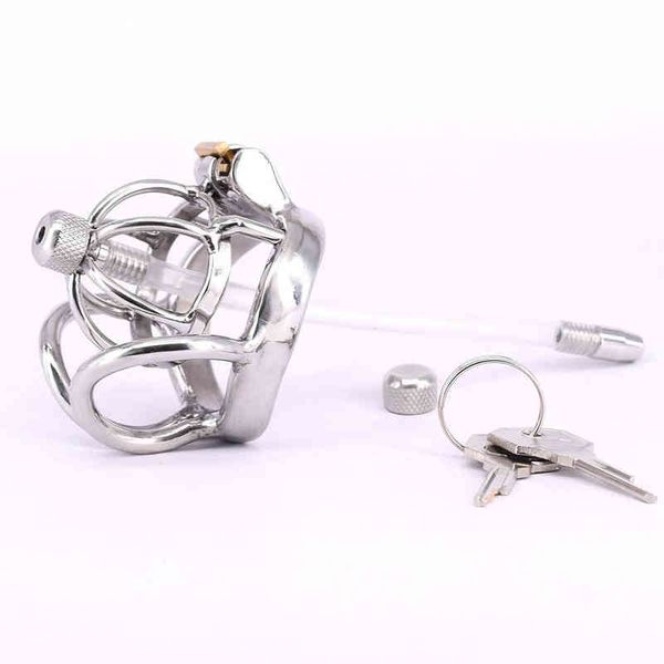 NXY Cockrings Cage de chasteté masculine en acier inoxydable, petit cockring en métal, dispositifs de retenue des testicules incurvés, dispositifs d'engrenage avec bouchon de tube urétral 0214