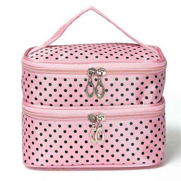 Nxy Cosmetic Bags Womens Fashion Dot Pattern Double Layer Makeup Bag (rose) 220302