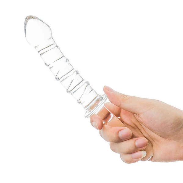 Nxy Consoladores Crystal Clear Espiral Consolador de vidrio 9 5 '' Pene transparente Plug anal Artificial con eje Juguetes sexuales para mujer 0105