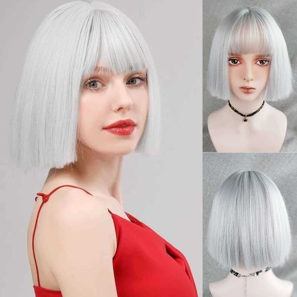 Nxy Cheveux Perruques 8 16 Pouces Gris Droit Synthétique Résistant À La Chaleur Court Bob avec Une Frange Cosplay Perruque pour Femmes 230619