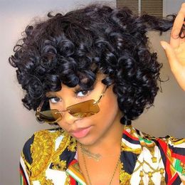 Nxy Hair Wigs Rose Curly Wig with Bangs Fumi Human Full Machine Made Deep Wave Short Bob for Black Women Water Virgin Braziliaanse Pixie Cut 230619