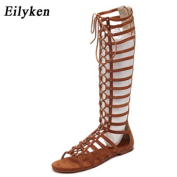 NXY sandalias de mujer Eilyke de cuero de alta calidad para mujer con tiras y punta abierta hasta la rodilla verano gladiador plano romano vendaje botas casuales 0126