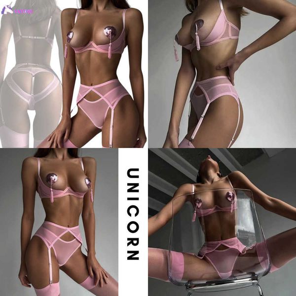 NXY Rose Lingerie Érotique Ouvert Soutien-Gorge Kit Push Up Sexy Sous-Vêtements Sensuels Amour Creux Crotchless Culotte Jarretière Intime Voir À Travers Ensemble 230717