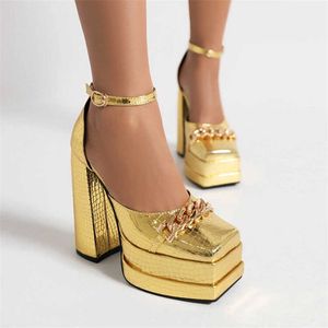 Nxy sandalen gouden stenen patroon dames pompen groot formaat dubbele platformschoenen voor modeketen gesp sierkant vierkant teen dikke hak 230406