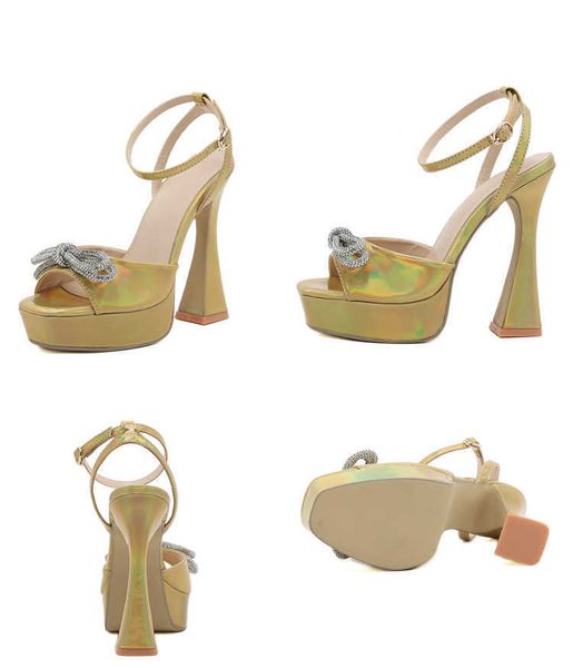 NXY Sandalias Golden Butterfly-nudo Hebilla Correa Mujeres 2023 Moda de verano Punta abierta Tacones altos cuadrados Banquete Zapatos de fiesta 230511