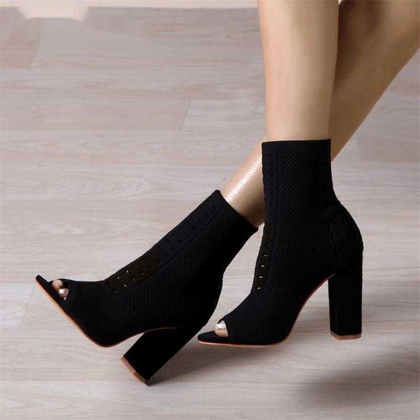 NXY Sandales Peep Toe Mode Tricoté Stretch Tissu Chaussettes Bottes Femmes Carré Talons Hauts Danse Chelsea Botines Chaussures Printemps / Automne 230511