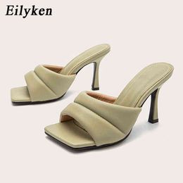 Nxy Sandals Summer High Heels Zapatillas de mujer Fashion Square Toe Concise Slides Mules Green Brown Stiletto Shoes