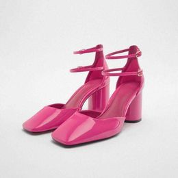 Nxy Sandals Womans Pink Leather High Tobillo Heels Sexy Block Heel Pumps Mujeres Casual Square Toe Heeled Shoes 230406