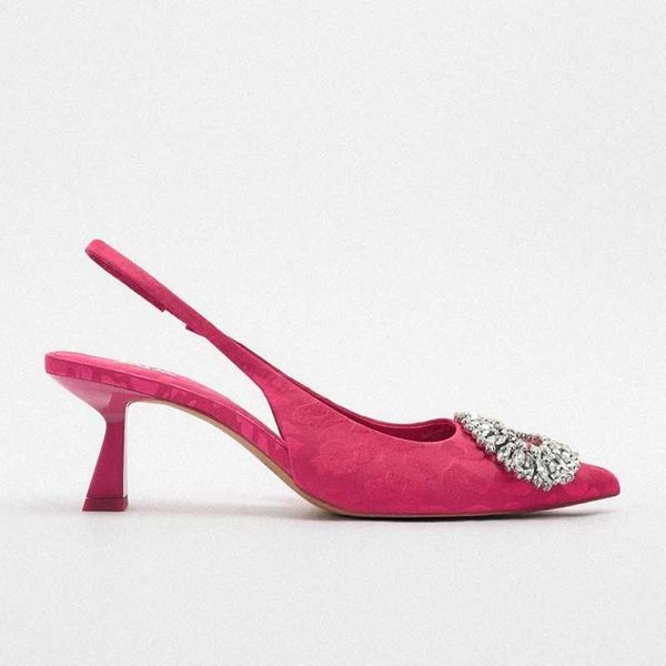 Nxy Sandales Femmes Rose Imprimé Léopard Talons Hauts Mode Strass Slingback Pompes Femme Bout Pointu Highed Robe Chaussure 230406