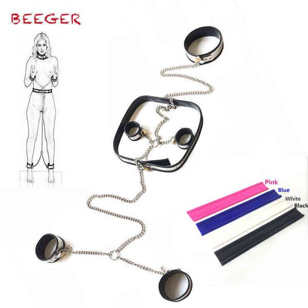 Nxy Sex Adult Toy Beeger Slave Bondage Grillete Set Cuello Collar Esposas Muñequeras Cuero Tobillo Grilletes Restricciones con cadena 1225