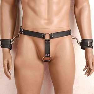 Nxy Sex Adult Toy Bondage Restrictions Hommes Fétiche Mâle Pu Cuir Harnais avec Menottes et Cock Ring Jeux Jouets pour Couples 1225