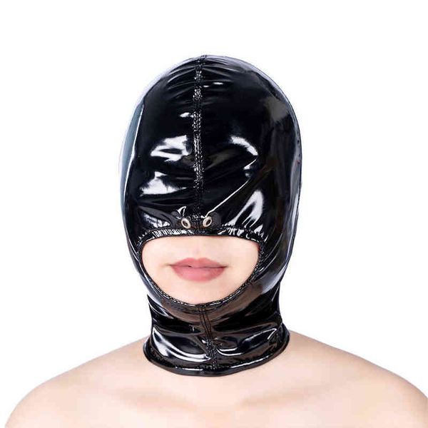 NXY Sex Adult Toy Camatech Latex Leather Fetish Bdsm Bondage Hood Open Mouth Hole Headgear Back Zip Full Face Mask para Cosplay Slave Game Toys 0507