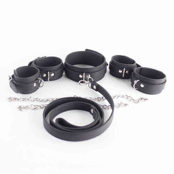 NXY Sex Adult Toy Sodandy Bondage Suit Muñequeras Tobillo y Collar de Esclavo Esposas Grilletes Fetiche de Cuero con Cadena de Metal Toys1216