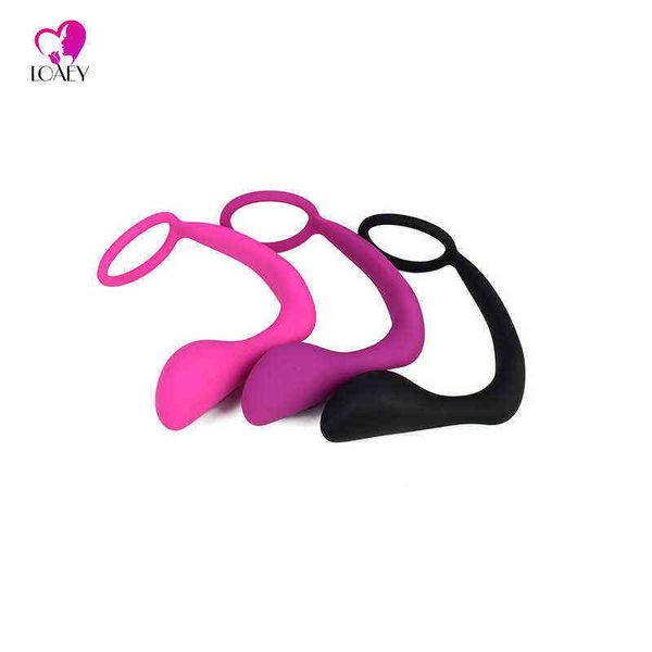 Nxy Sex Anal Toys Loaey Silicone Male Prostate Massager avec Cock Ring Butt Plug Adulte Jouets Érotiques pour Hommes Rose Noir 1220