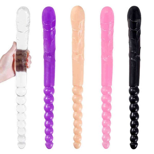 Nxy Sex Products Dildos 370mm Long Soft Double Head Dildo Toys para adultos Flexible Jelly Vagina Anal Mujeres Gay Lesbianas Terminado Dong Penis Artificial 1227
