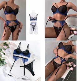 NXY Sexy Kant Mesh Stiksels Tegen Kleur Sexy Verzamelen Perspectief Ketting 3 stuk Transparante Bh en Panty Set Vrouwen Ondergoed Set 230717