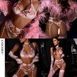 NXY Sexy Love Fancy Lingerie Sensual Fairy Underwear 4 piezas Halter Bra Cut Out Tangas Delicado Luxury Lace Conjuntos exóticos Sissy Outfit 230717