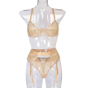 NXY ensemble sexy Aduloty New Kaki Sous-vêtements pour femmes Underwire Gather Bra Jarretière String Thin Mesh See-Through Diamond Check Lingerie Sexy 1128