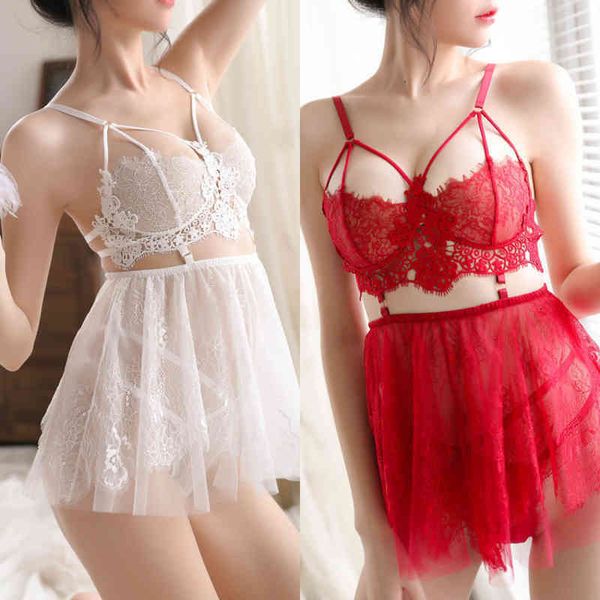 Nxy Sexy Set Mousse Sleep Wear Soirée Chemise de Nuit avec String Mesh Dentelle Broderie Court Chaud Dos Nu Jeune Fille Voir à Travers Profonde v 0211