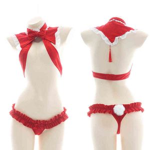 NXY ensemble sexy Santa Sexy Costume Noël Lingerie Ensemble Mignon Évider Bikini Bowknot À Volants Halter Cou Soutien-Gorge Lapin Queue Mémoires Anime Cosplay 1127