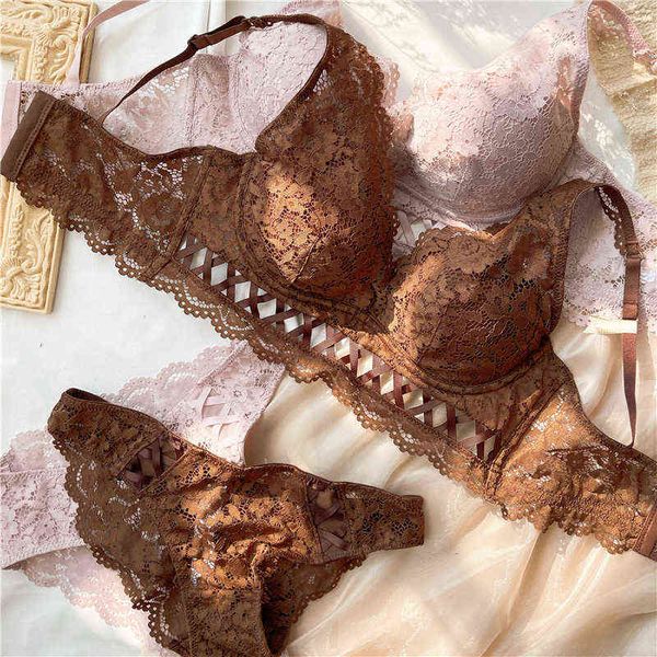 NXY sexy set2021 Floral Cross évider soutien-gorge en dentelle soutien-gorge et culotte ensemble rose marron sous-vêtements femmes Lingerie col en V profond arrivée 1127