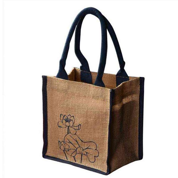 Bolsas de compras NXY, bolsa de arpillera de yute con estampado de loto, comestibles reutilizables con asas, bolsa de mujer, organizador de playa 220128