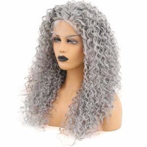 Nxy Sliver Gris Lace Front Perruque Bouclés Perruques Synthétiques Pas Cher Perruque Pré Cueillie Cheveux Naturels Sans Colle pour Les Femmes Noires Cosplay Perruque 230524