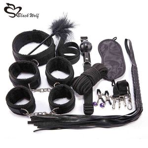 Nxy Sm Bondage 10 pièces Bdsm Kits sexuels produits jeux érotiques pour adultes ensemble menottes bandes Gag fouet jouets tactiles Couples 1216