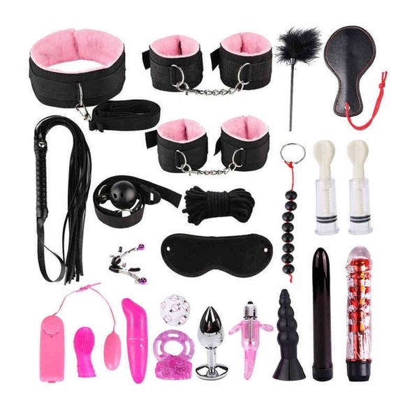 Nxy Sm Bondage 23pcs Sex Toys pour Couples Menottes Fouet Mamelons Clip Bandeau Bouche Gag Adulte Kit Jouet Flirt Jeux Couple 1223