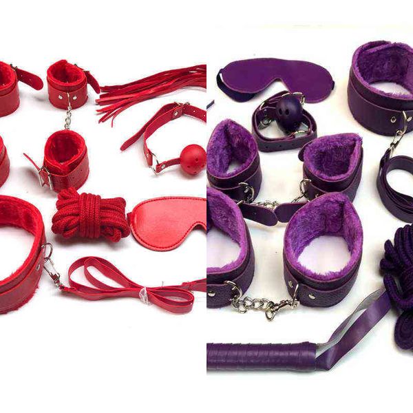 Nxy Sm Bondage 7 en 1 Kit de sexe ensemble de produits en peluche en cuir Pu fétiche Bdsm contraintes menottes jouets pour adultes pour les Couples 1223