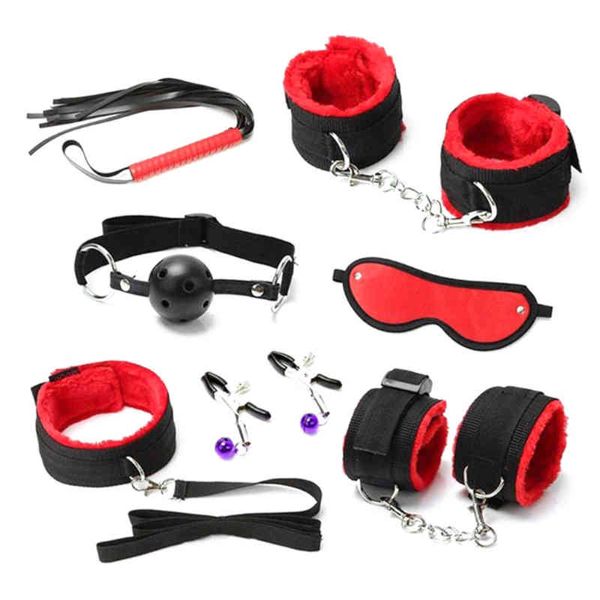 Nxy SM Bondage 7 pièces ensemble Bdsm sous ensemble de lit érotique fétiche sexe Toysankle manchettes pinces à mamelon esclave flirt Sm jeu outils Kit 220423