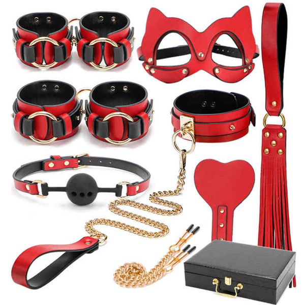 Nxy Sm Bondage Adulte Bdsm Haut De Gamme En Cuir Véritable Ensemble De Retenue Cosplay Menottes Gag Fouet Pince À Mamelon Jeu Accessoires Sexuels 18 220423