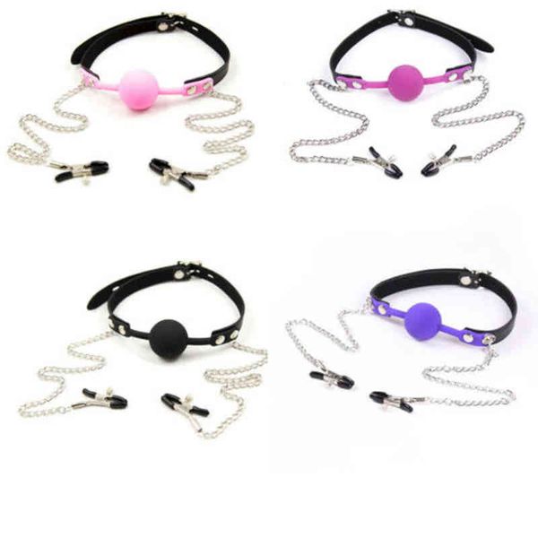 Nxy Sm Bondage Ball Gag Silicona con abrazaderas para pezones Bdsm Boca Relleno Adultos Juguetes sexuales para mujeres Lock Papilla Clip 220423