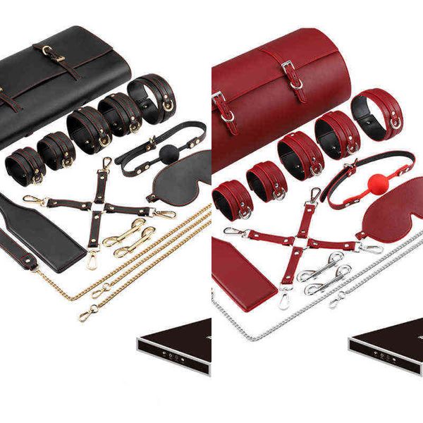 Nxy Sm Bondage Bdsm Set Menottes En Cuir De Haute Qualité Bandeau Gag Manilles Accessoire Exotique Sex Toys pour Couple 1223