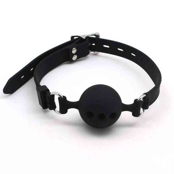 Nxy Sm Bondage D: 3 8 cm 4 3 cm 4 8 cm Todo Negro Silicona Bondage Ball Gag Adule Sex Restraint Latex Mouth Plug con 3 Agujeros Sex Gag 220426