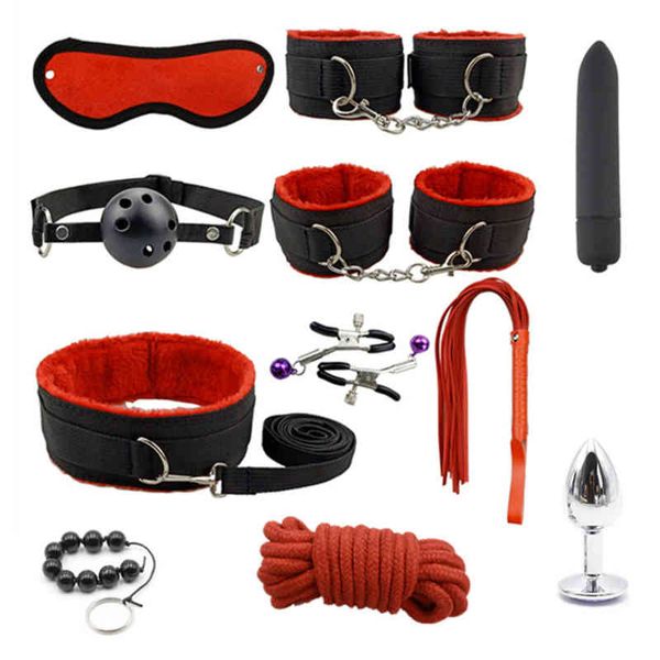 Nxy Sm Bondage Produits pour adultes érotiques Nylon Bdsm Sex Toy Kits Menottes Fouet Métal Plug Anal Vibrateur Boutique Jouets pour Femmes Couples 220423