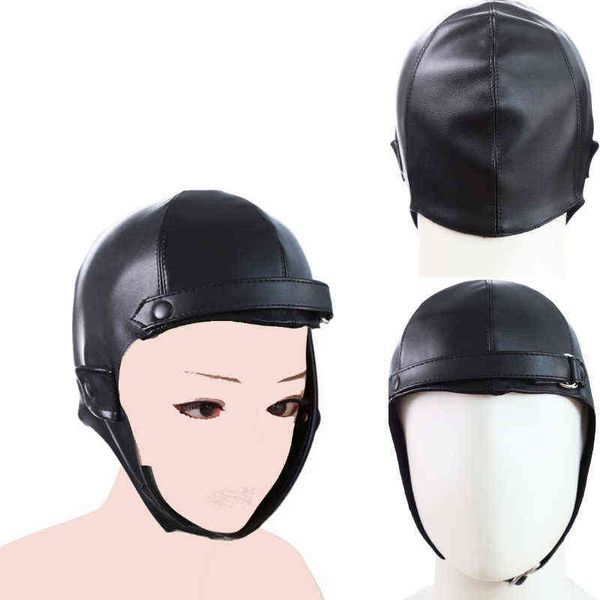 Nxy Sm Bondage Manyjoy Faux Leather Head Hood Headgear Pilot Flight Caps Casco negro Sombreros Bdsm Slave Roleplay Juego para adultos Sex Toy220419