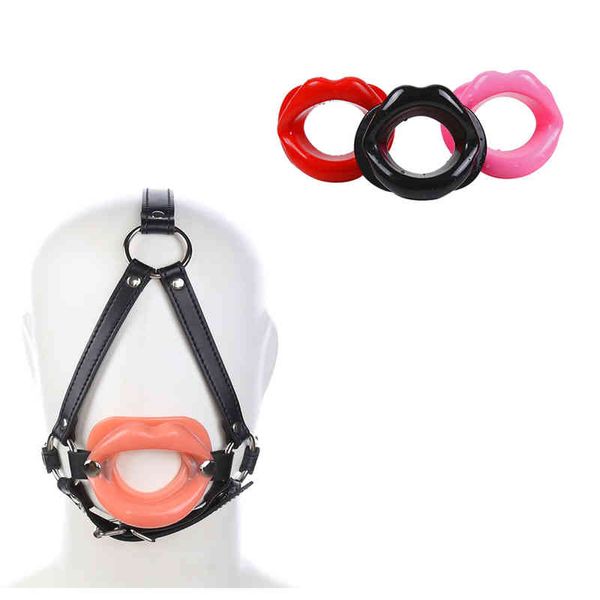 Nxy Sm Bondage Pu Cuir Caoutchouc Lèvres O Ring Bouche Ouverte Oral Gag BDSM Fétiche Tête Harnais Contraintes Jouets Érotiques pour Couples Roleplay 220423