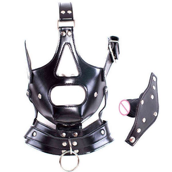 NXY SM juguete sexual para adultos máscara de cuero con consolador negro juguetes de mordaza ajustables para mujeres esclavo adultos juegos coqueteo restrictivo Bdsm.1220