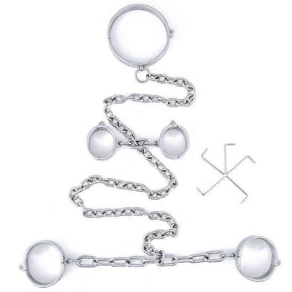 NXY SM Sex Toy Adulte Acier Inoxydable 3pcs / set Bondage Homme / Femme Collier Menottes Cheville Poignets avec Serrure Esclave Métal Lourd Bdsm Couples Games.1220