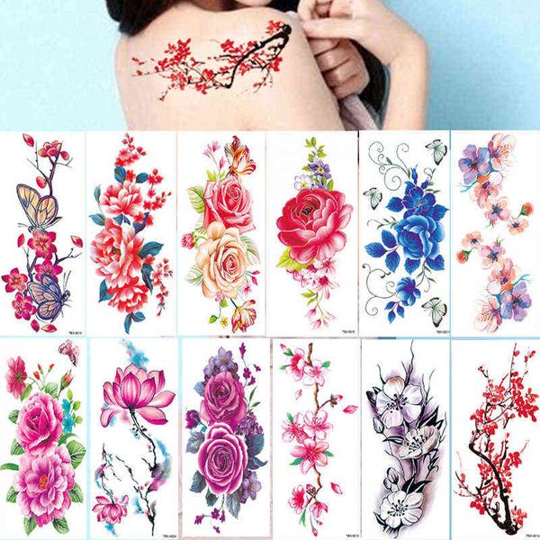 NXY tatuaje temporal 12 piezas tatuajes falsos flor niñas rosa peonía Flash impermeable cuerpo brazo arte hombro Diy mujeres manga pegatina 0330