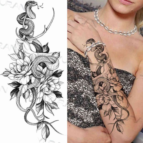NXY tatuaje temporal negro serpiente grande flor pegatina falsa para mujeres punto rosa peonía s Diy tatuajes de transferencia de agua niñas 0330